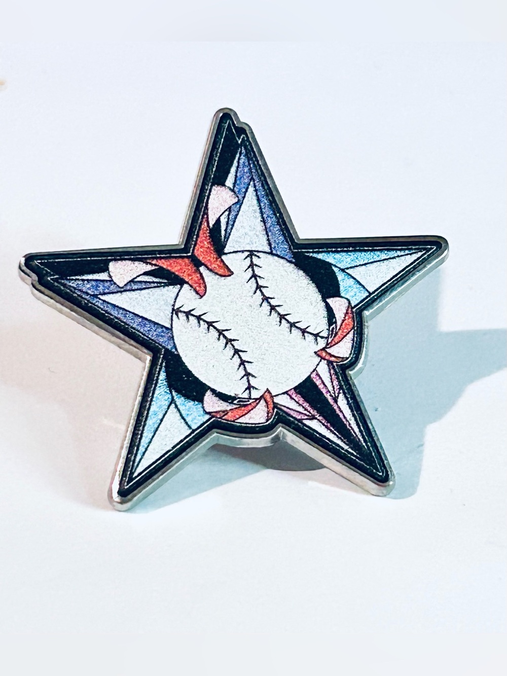 Star-Shaped Baseball Enamel Pin in Metallic Purple Blue and Pink